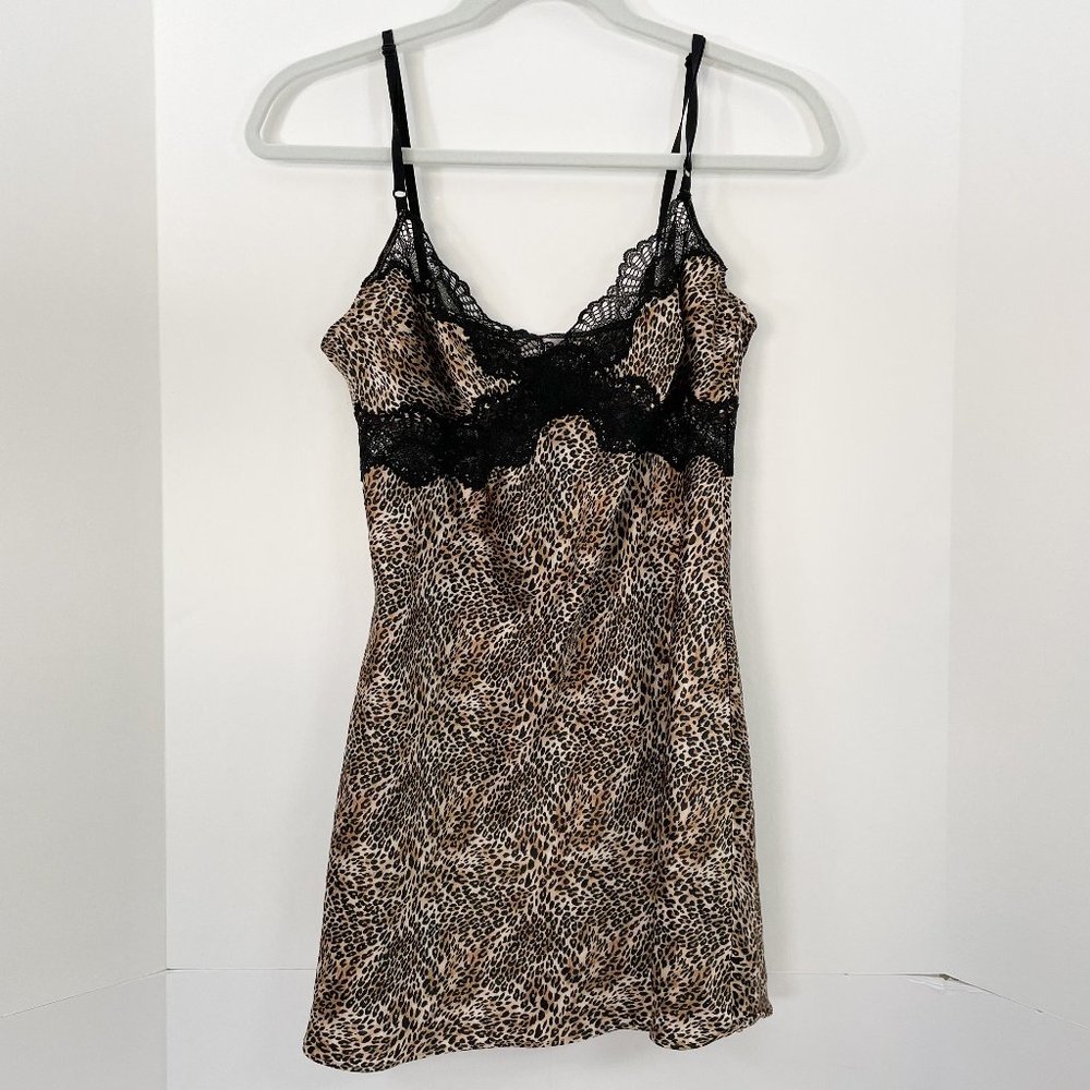 Victoria Secret Leopard Black Lace Satin Chemise Slip Dress